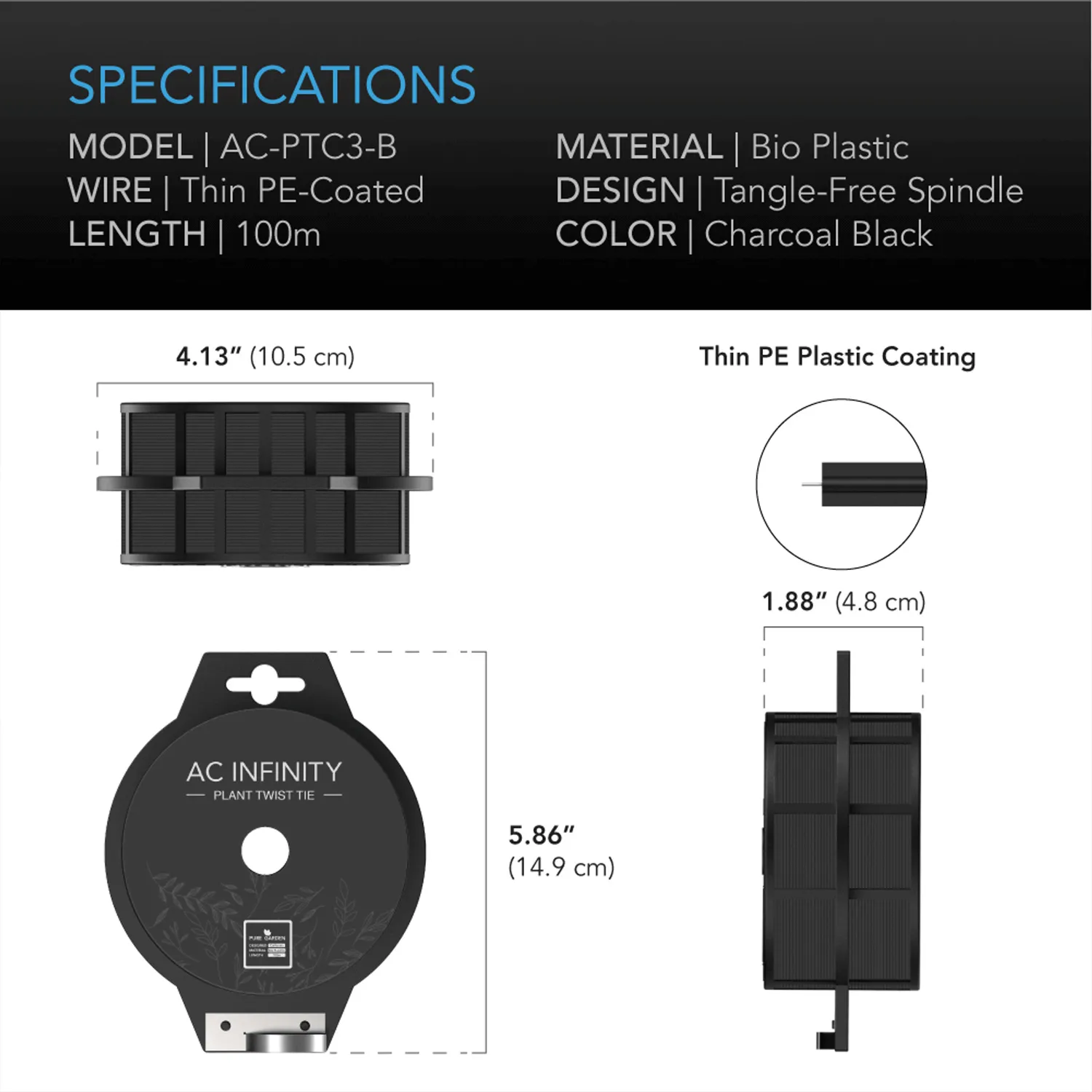 AC Infinity Black Twist Ties with Built-In Cutter, 100m