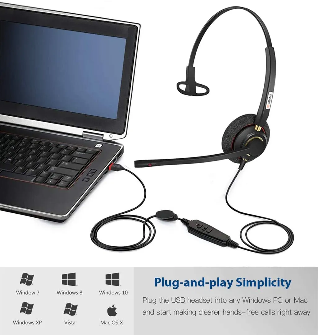 Arama Mono USB Headset with Microphone Noise Cancelling & Audio Controls