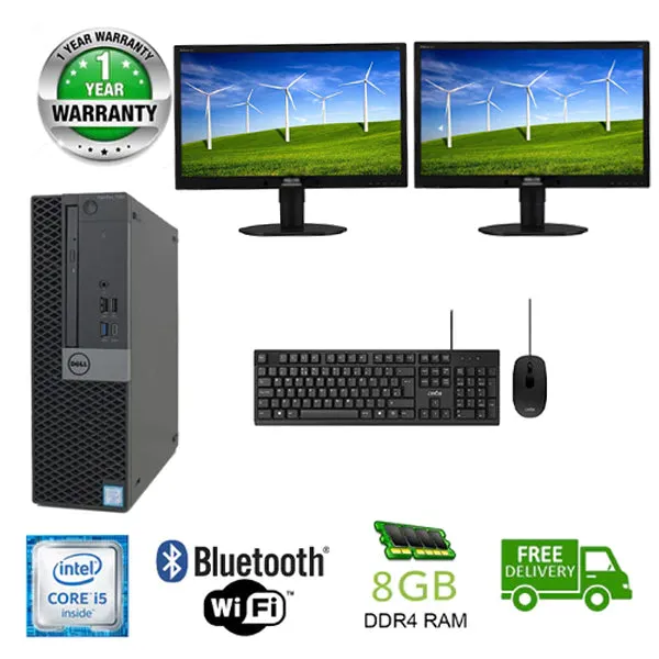 Dell Business PC Office Combo Dell OptiPlex 7040 PC SFF Refurbished i5 2.5GHz 8GB RAM 240GB SSD Windows 10 Pro WIFI and Bluetooth ready includes: 2X 22" exlease Monitors & used wired keyboard Mouse