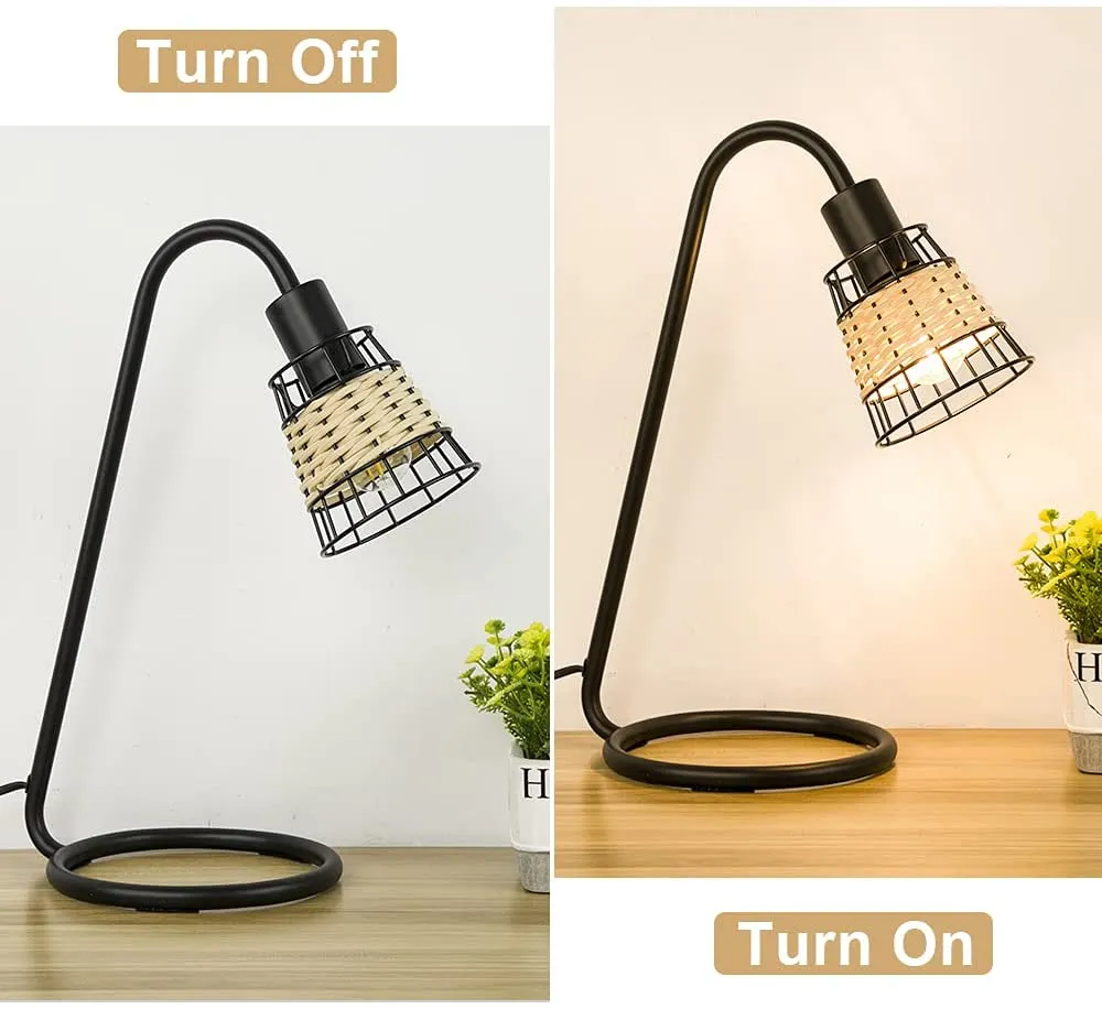 Industrial Table Lamp, Modern LED Desk Lamp, Black Metal Bedside Nightstand Lamp With Rattan Shade