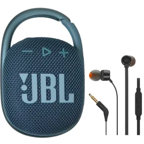 JBL Clip 4 Portable Bluetooth Waterproof Speaker (Blue) with JBL T110 in Ear Headphones