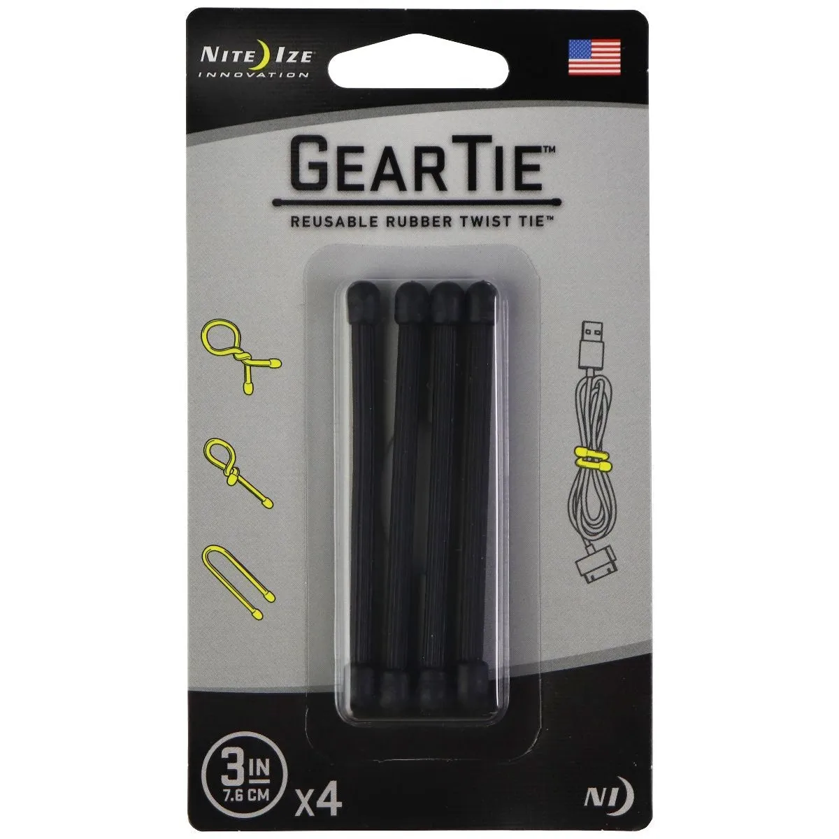 Nite Ize GearTie Reusable Rubber Twist Tie (3-inch) 4 Pack - Black