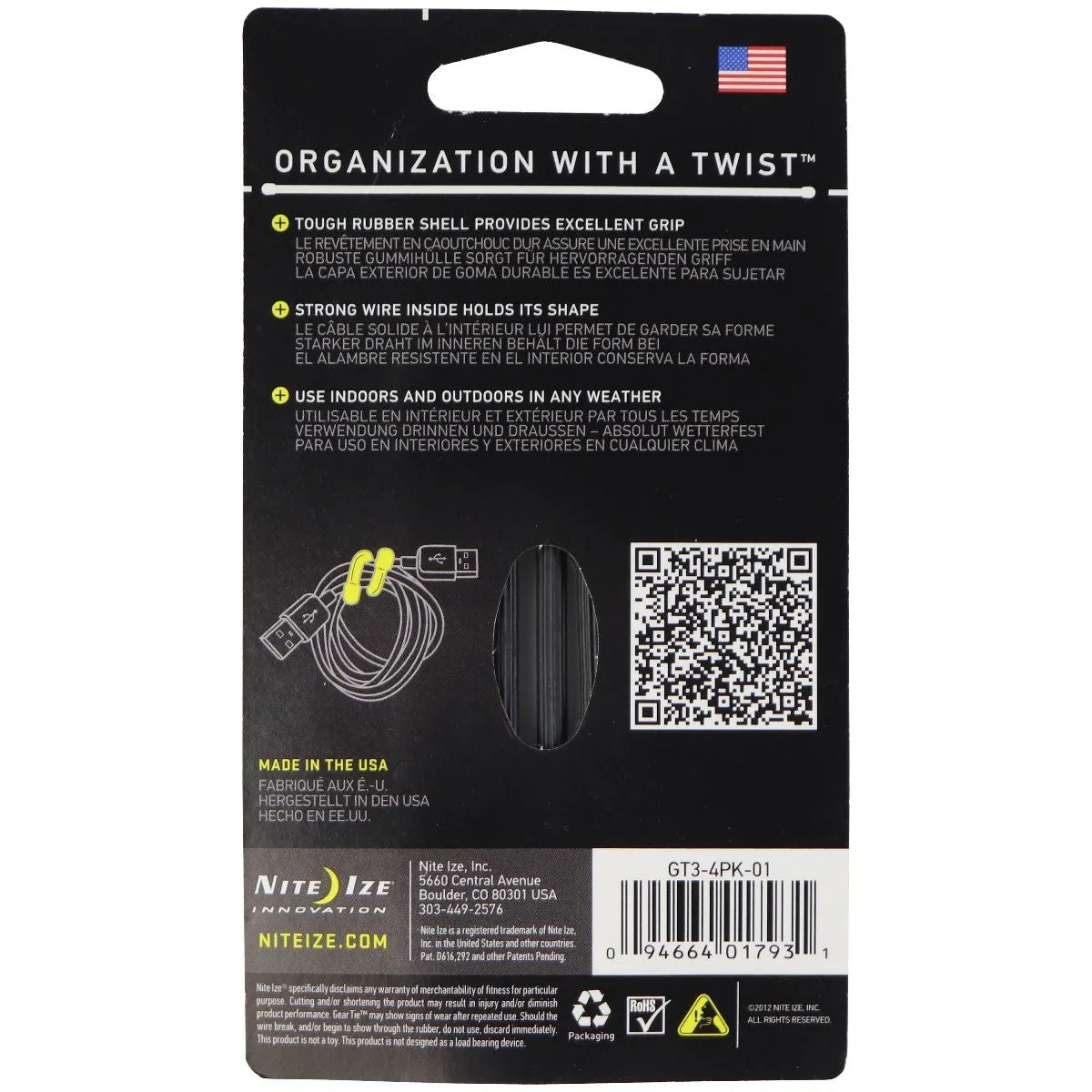 Nite Ize GearTie Reusable Rubber Twist Tie (3-inch) 4 Pack - Black