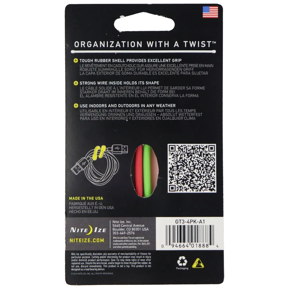 Nite Ize GearTie Reusable Rubber Twist Tie (3-inch) 4 Pack - Multi-Color