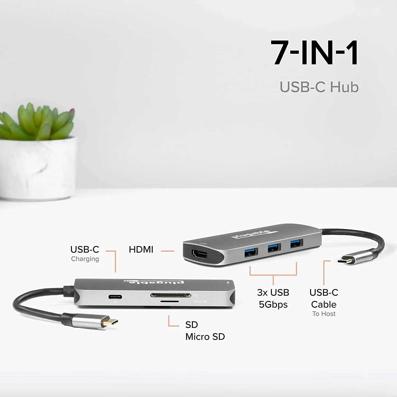 Plugable USB-C Hub 7-In-1, USB C Hub Compatible with Mac, Windows, Chromebook, USB4, Thunderbolt 4, and More (4K HDMI, 3 USB 3.0, SD & Microsd Card Reader, 87W Charging)