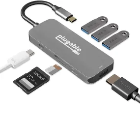 Plugable USB-C Hub 7-In-1, USB C Hub Compatible with Mac, Windows, Chromebook, USB4, Thunderbolt 4, and More (4K HDMI, 3 USB 3.0, SD & Microsd Card Reader, 87W Charging)