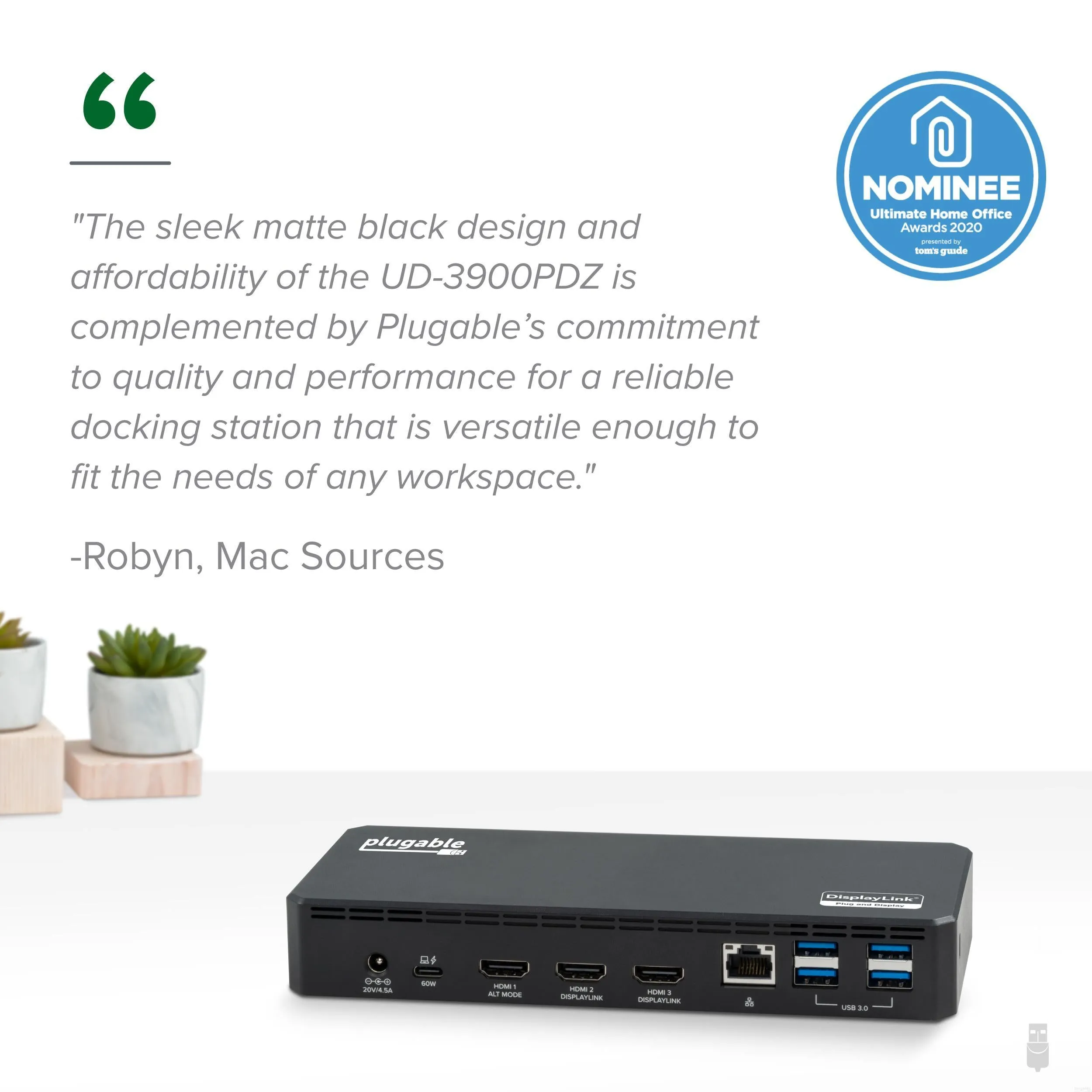 Plugable USB-C Triple Monitor Docking Station, 60W Laptop Charging