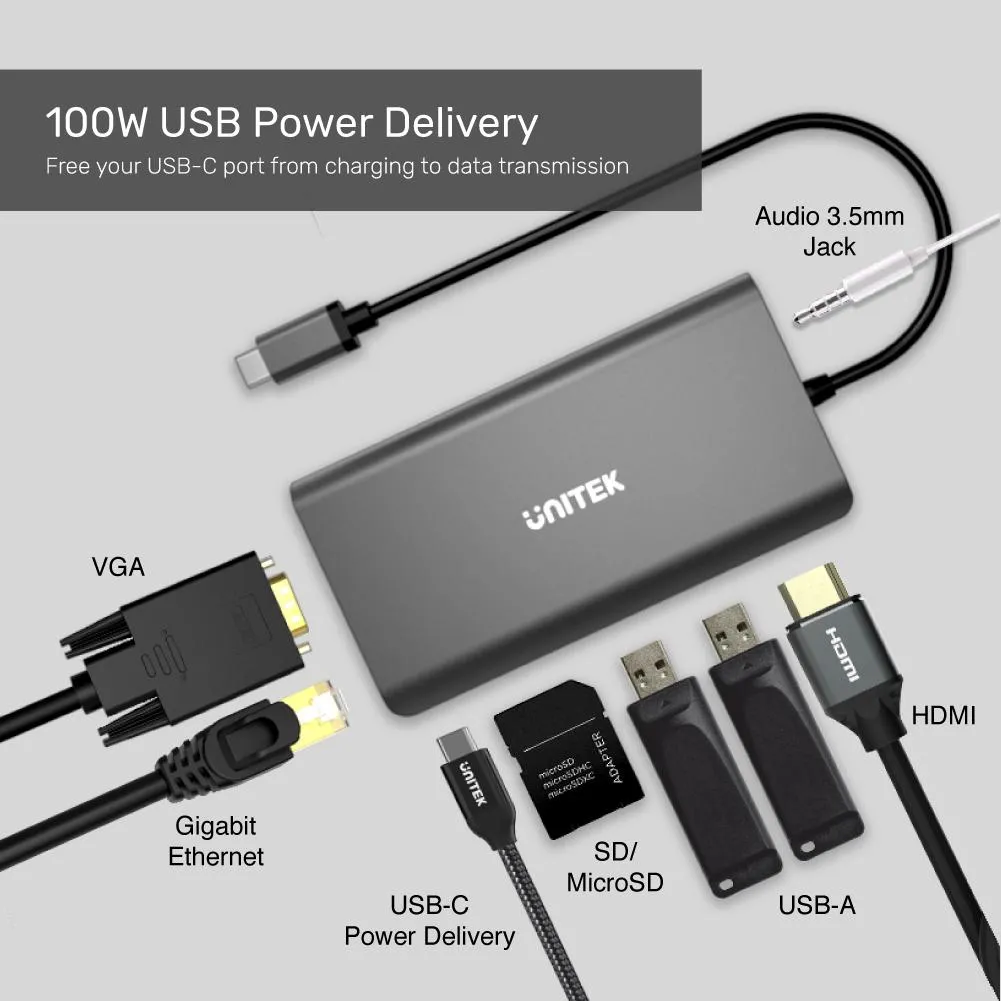 Unitek D1019A Type-C Hub USB3.1 with HDMI/VGA/GB/SD/PD100W